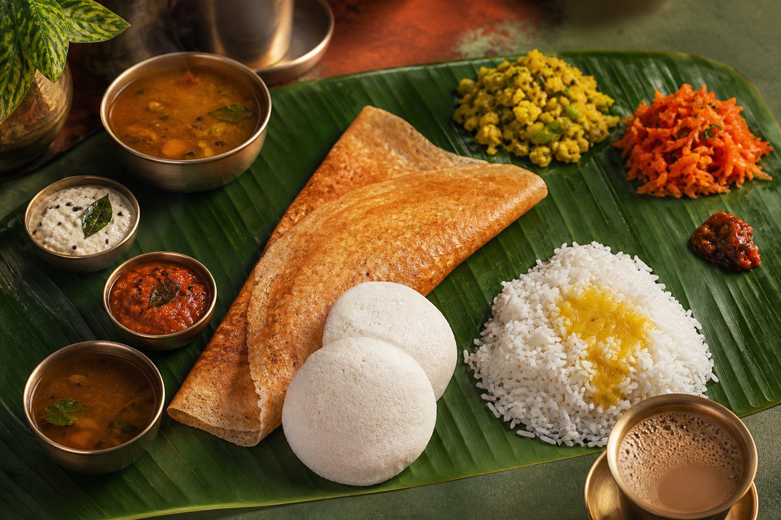 South Indian banana-leaf meal with dosa, idli, sambar and chutneys
